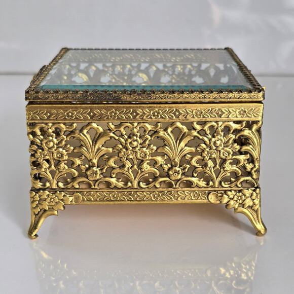 Vintage Ormolu Gold Filigree Jewelry Casket Beveled Glass Hollywood Regency - Picture 7 of 12